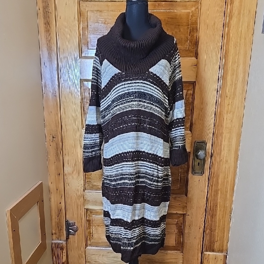 Ashley Stewart Earthy Cowl Neck Sweater Dress in Brown and Cream 14/16
